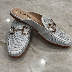 CCOCCI White Mila‎ Bedazzled Mules Rhinestone Slip-Ons | Size 7